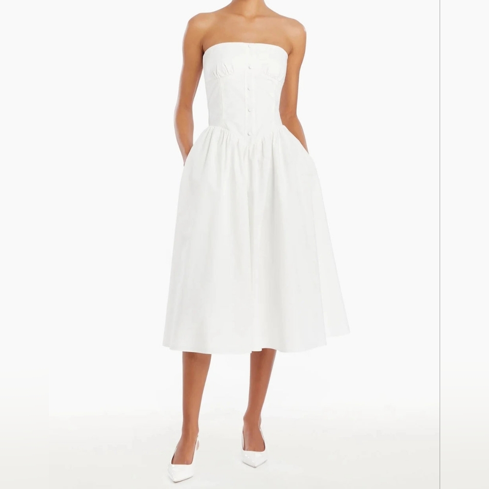 NEW Amanda Uprichard White Cotton Strapless Holland Midi Dress — Size Small - Picture 8 of 13